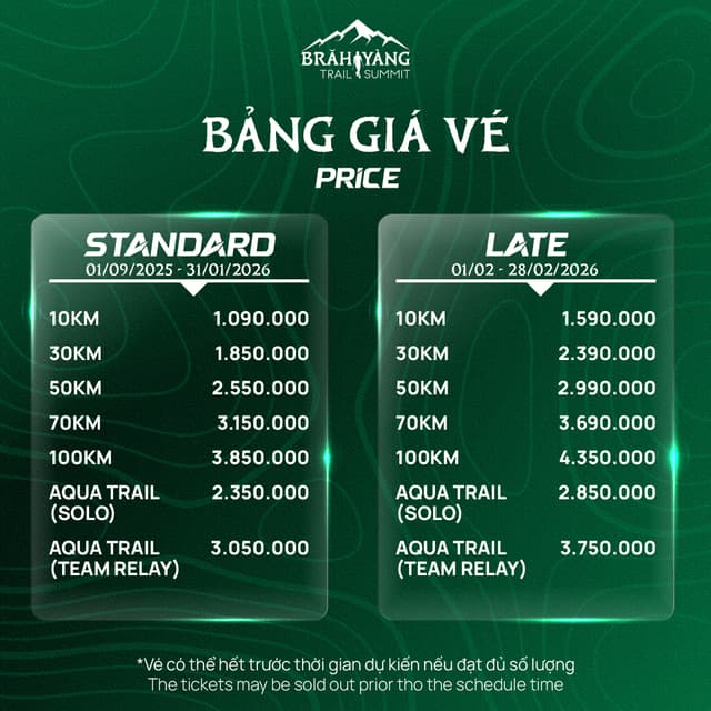 BRĂH YÀNG TRAIL SUMMIT 2026 - Bảng Giá Vé