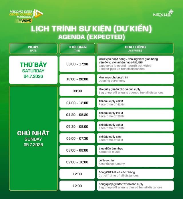 MEKONG DELTA CROSS COUNTRY MARATHON 2026 - Lịch Trình Sự Kiện
