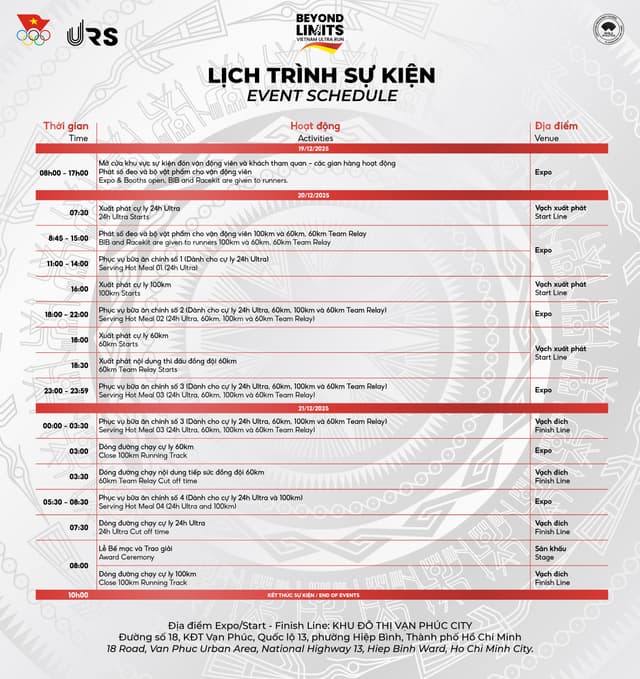 VIETNAM ULTRA RUN - BEYOND LIMITS - Lịch Trình Sự Kiện