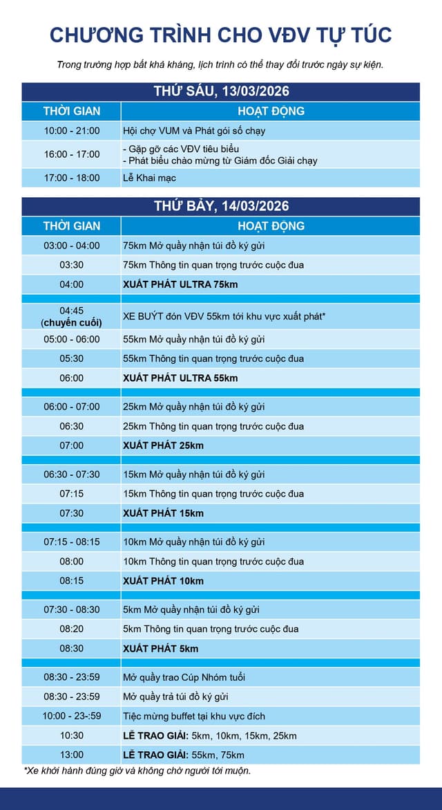 Vietnam Ultra Marathon - Lịch Trình Sự Kiện