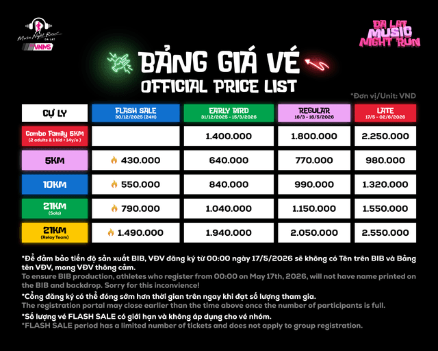 Da Lat Music Night Run - Bảng Giá Vé