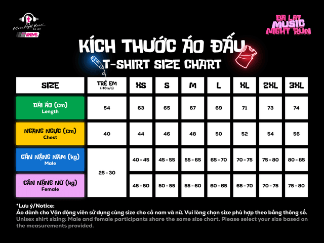 Da Lat Music Night Run - Cỡ Áo
